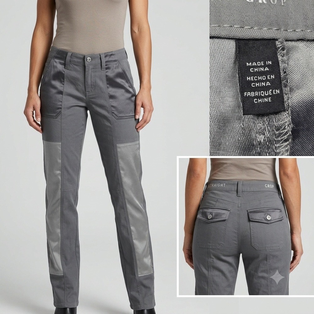 White House Black Market Straight Crop Pants Women 4 Grey Satin Trim Utility